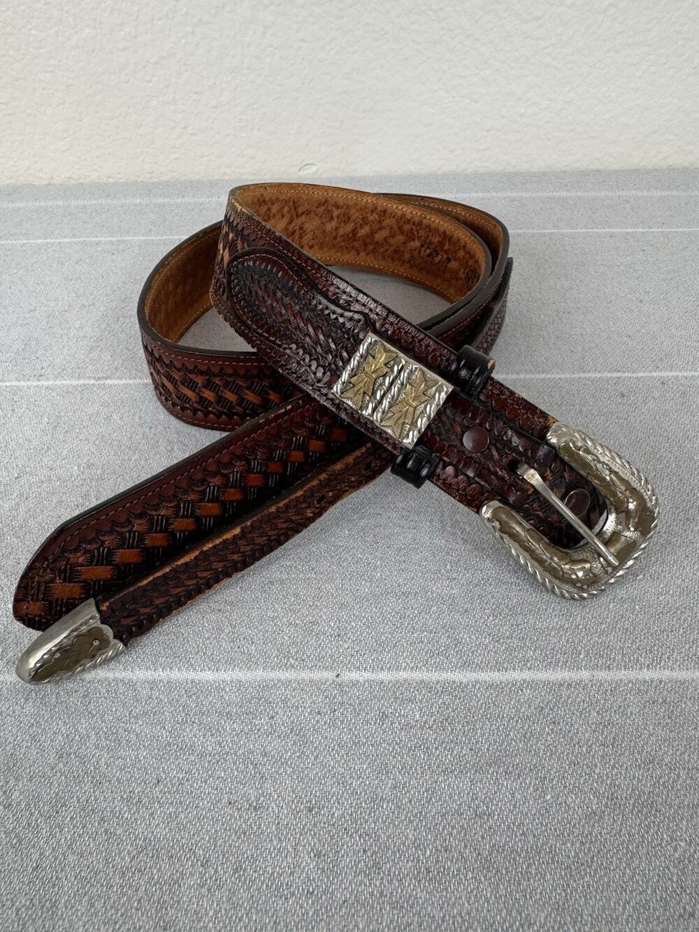 Vintage Alpaca Two Tone Buckle Basketweave Tooled Leather Western Ranger Belt 36